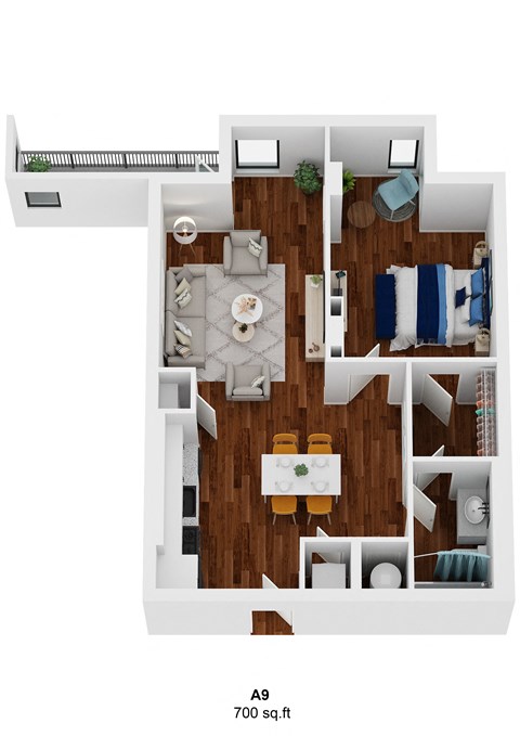 a furnished floor plan with a bedroom and a living room